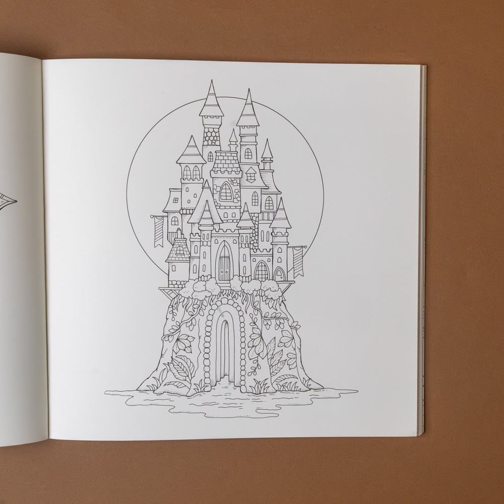 magical-worlds-coloring-book Detailed line drawing of a castle on a page with a brown background