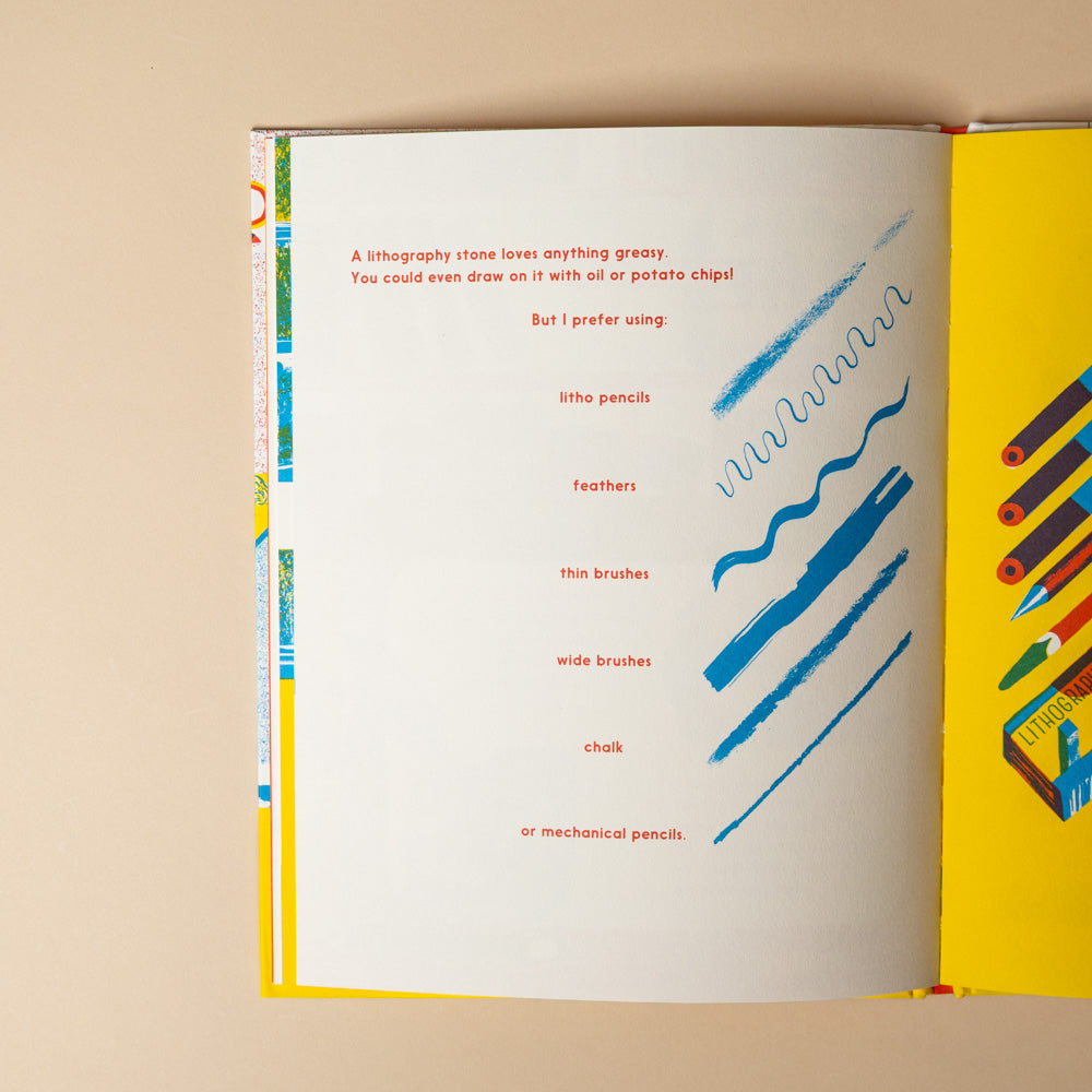 meet-the-lithographer Open book with text and illustrations on a beige background