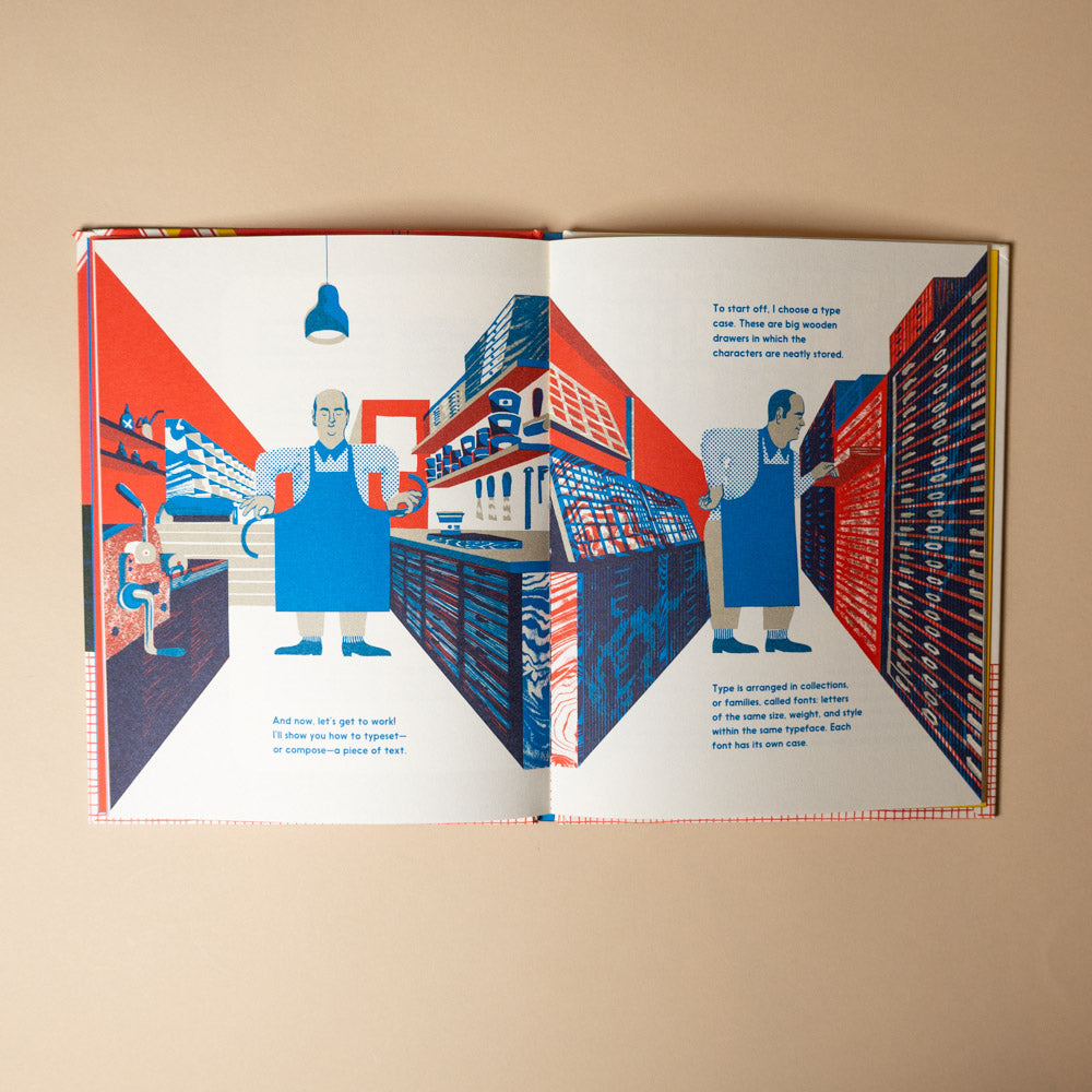 meet-the-typographer Illustrated book open to two pages showing a person in a blue apron in a warehouse setting.