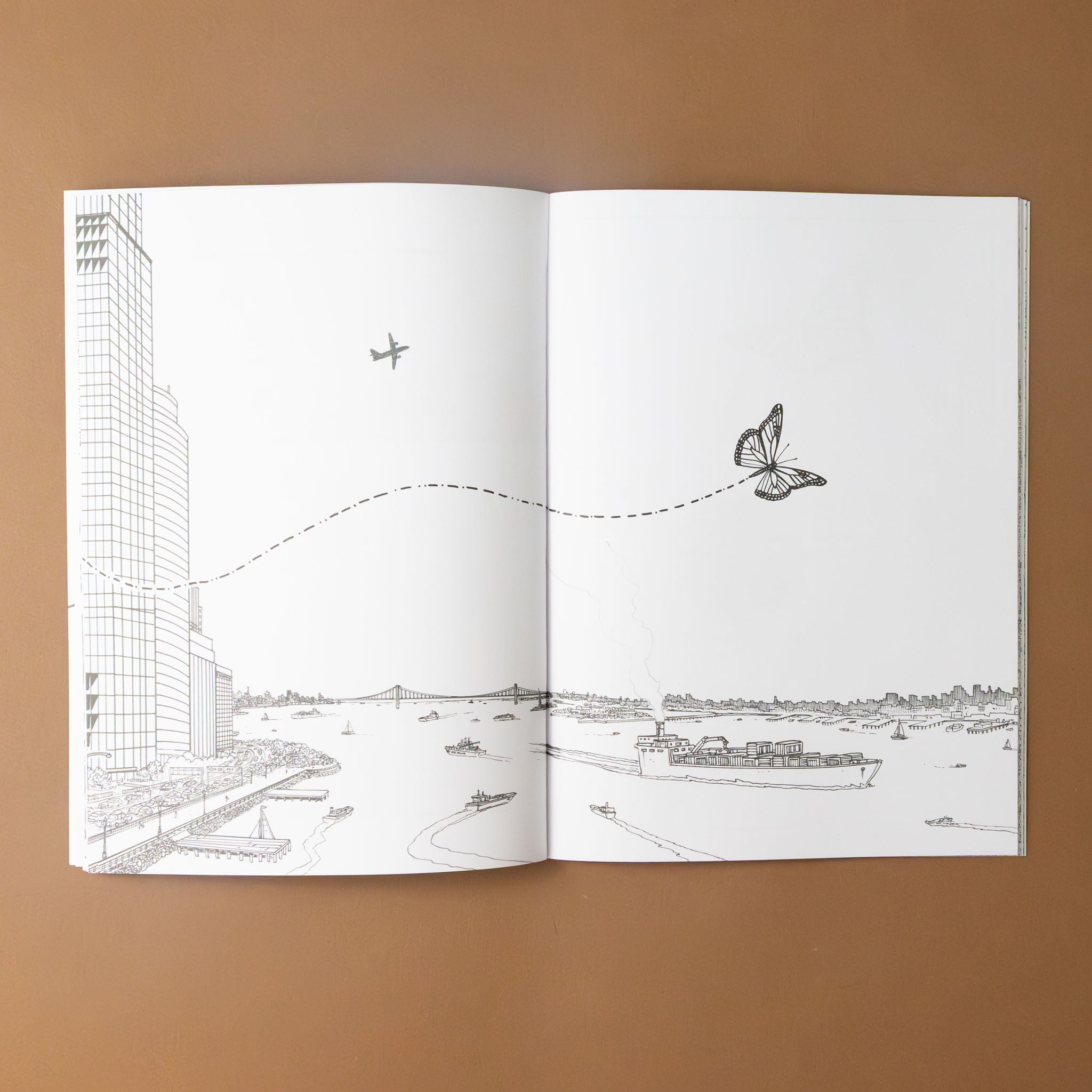 monarchs-journey-a-coloring-book-black-and-white-illustration-butterfly-over-city-river