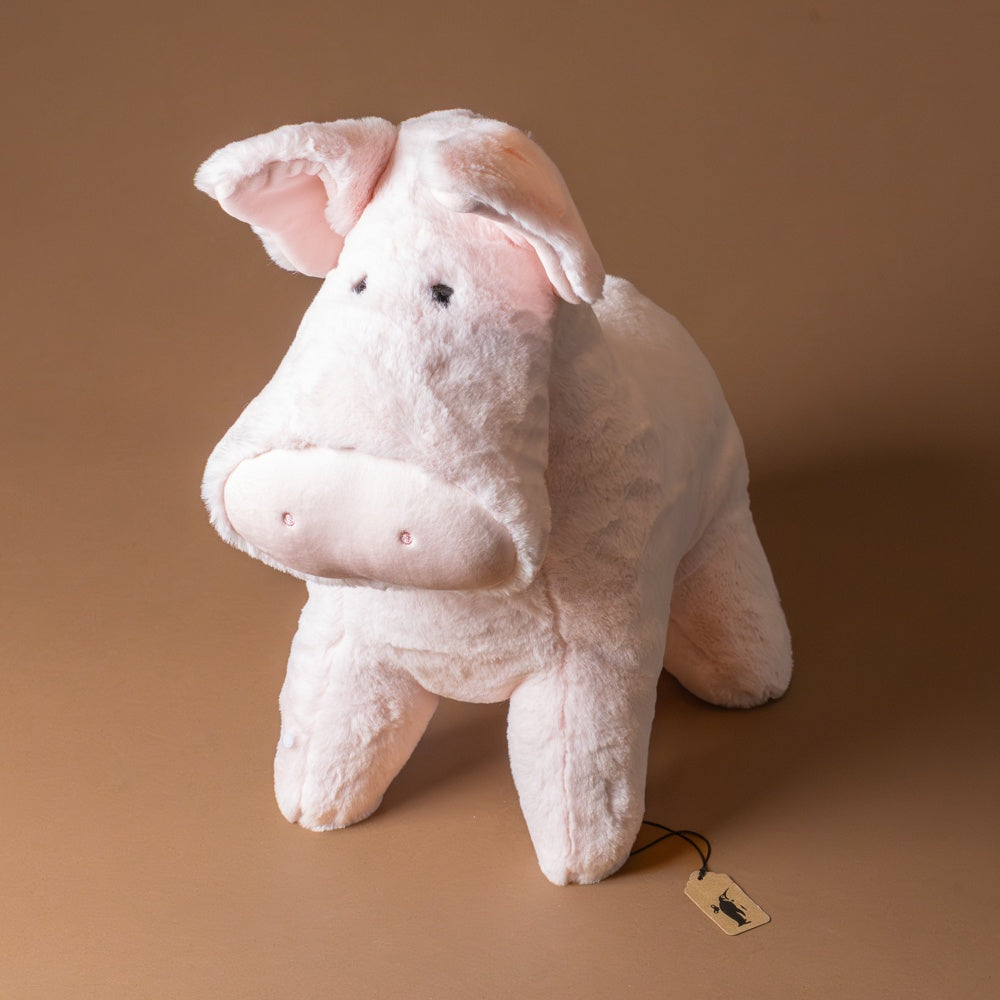 muzzle-peter-pig-jumbo Plush pig toy with a tag on a brown background