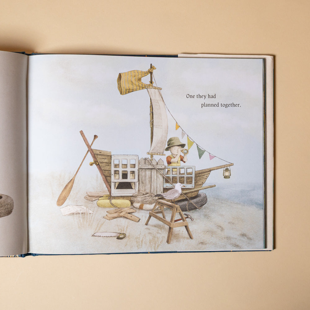 ocean-meets-sky Illustrated book page with a toy boat and child figure on a beige background