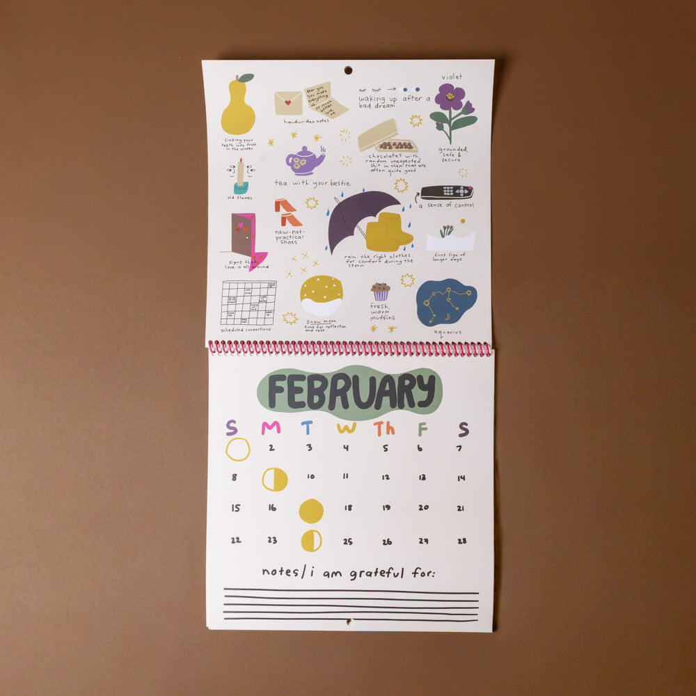 only-good-things-2026-wall-Calendar for February with illustrations on a brown background