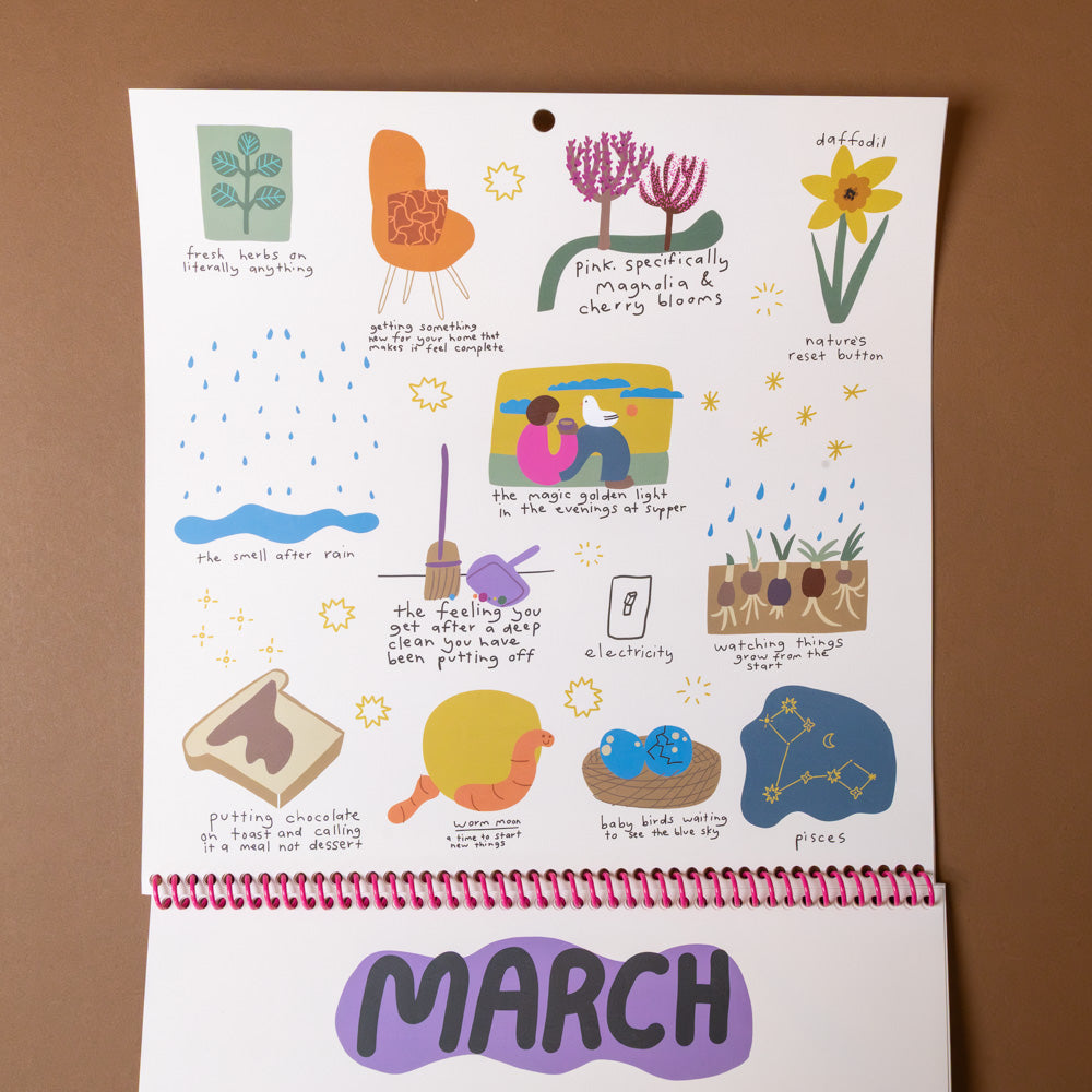 only-good-things-2026-wall-calendar Calendar page with illustrations and text on a brown background