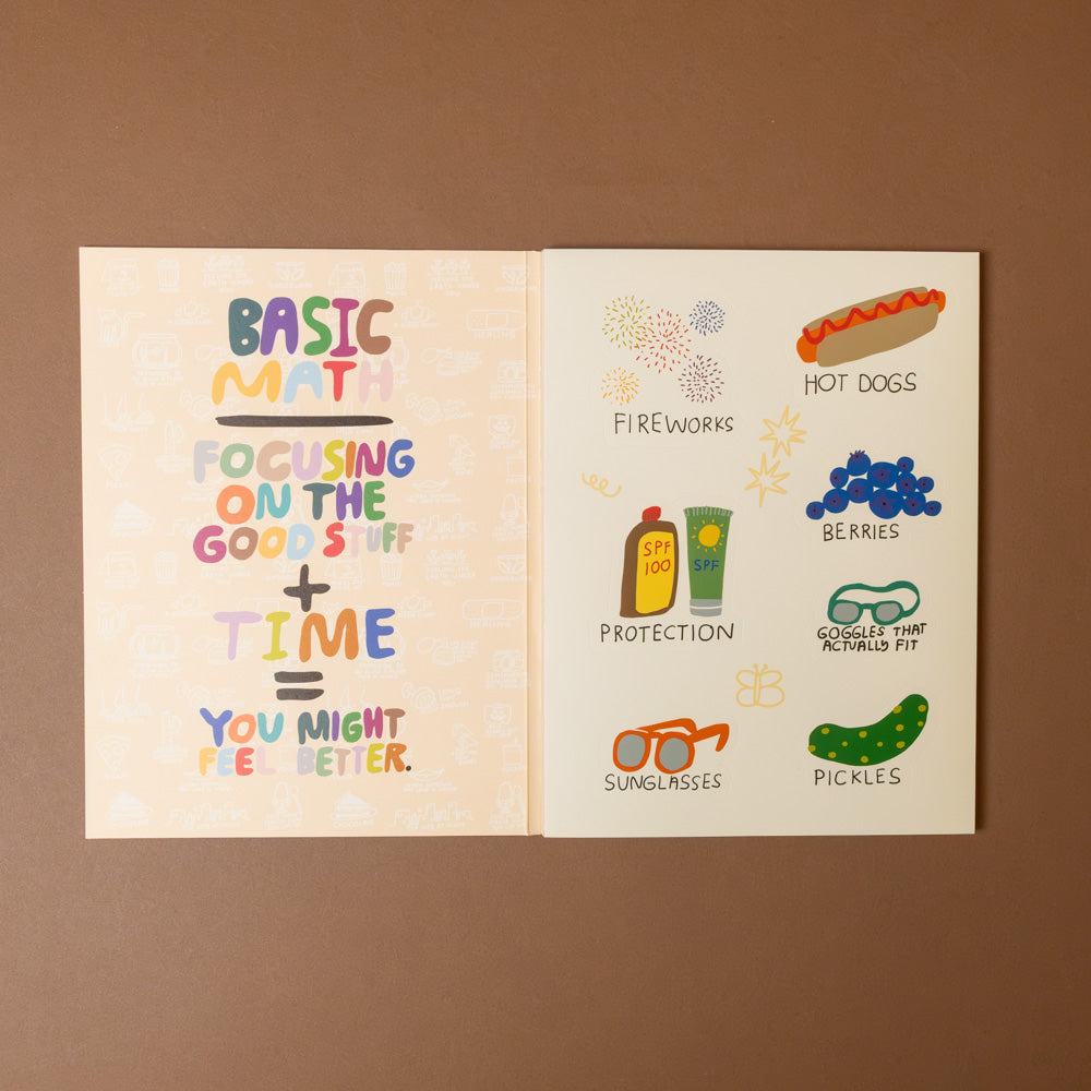 only-good-things-sticker-book- stickers of fireworks-hot-dogs-pickles-sunglasses-berries and -text