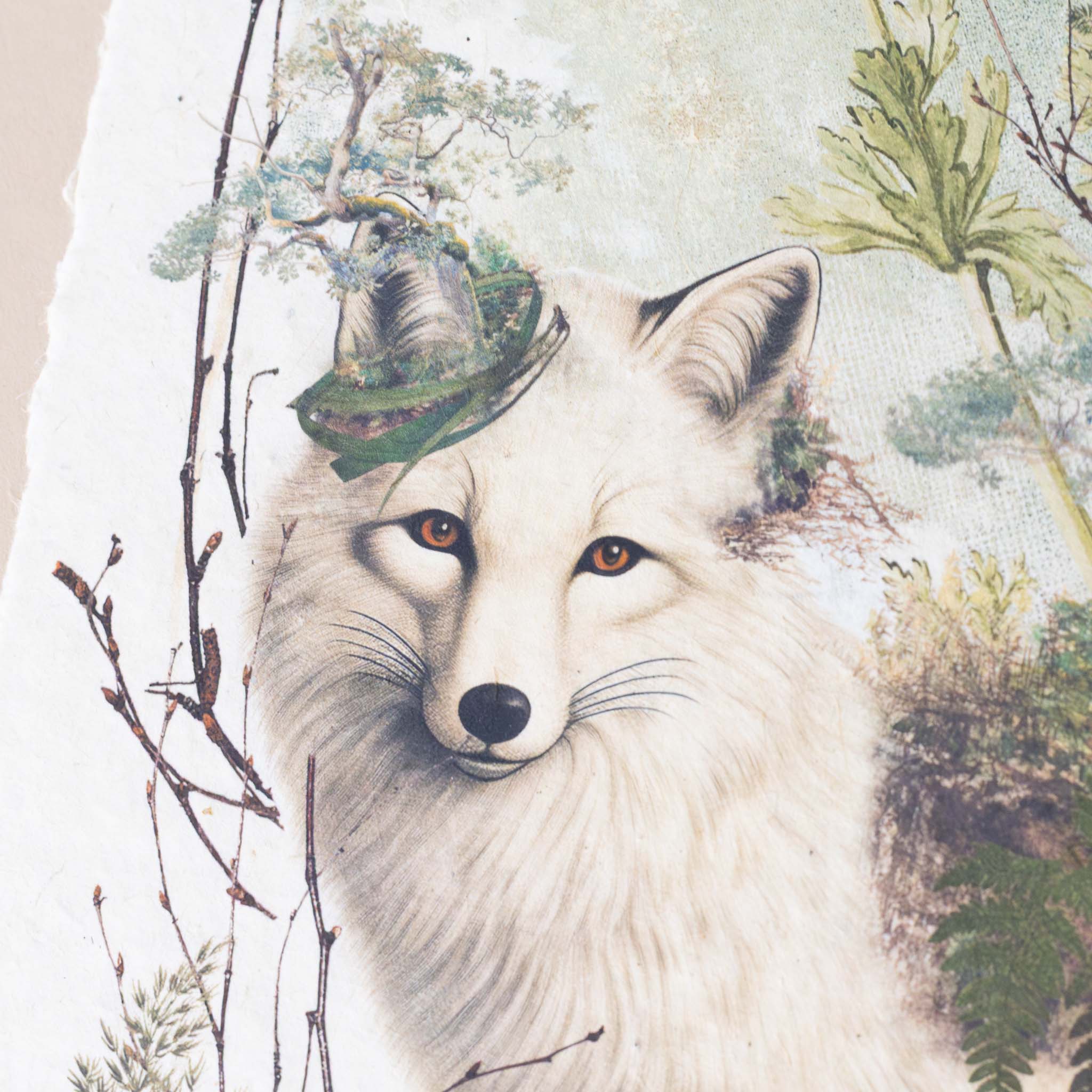 paper-print-beneath-your-feet-image-of-white-wolf-surrounded-by-ferns-and-foliage-with-script-text-in-antique-style