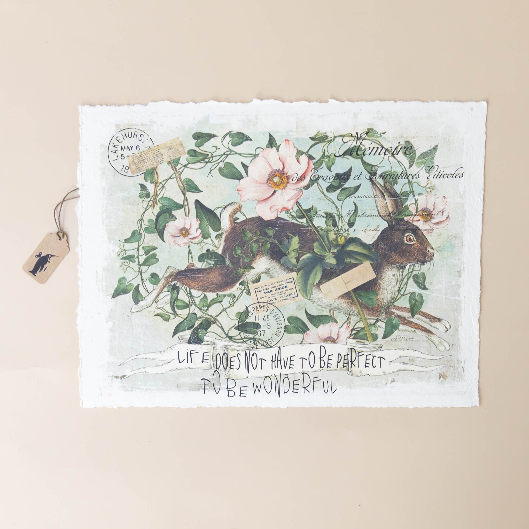 paper-print-imperfect-and-wonderful-image-of-rabbit-hopping-with-pink-rose-and-vines-around-and-script-text