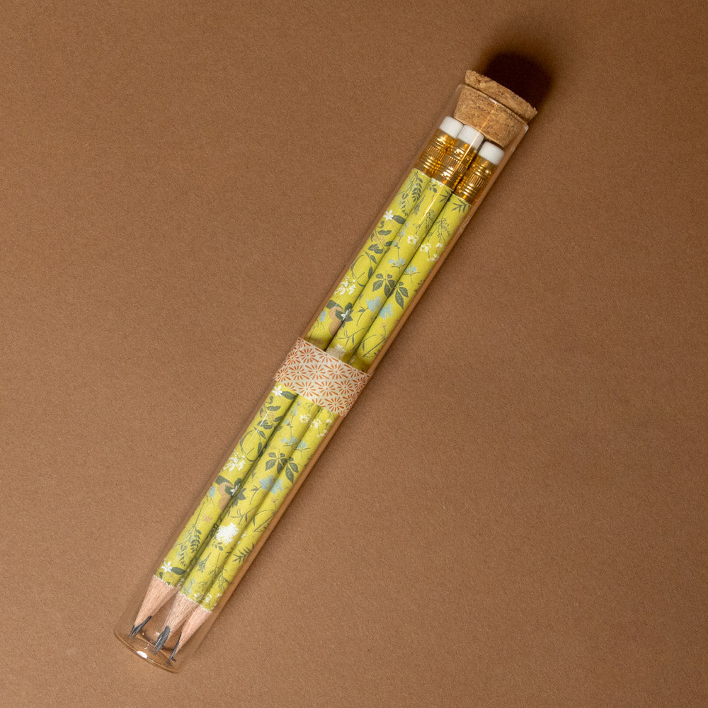 Set of pencils with decorative yellow cases in a clear tube on a brown background