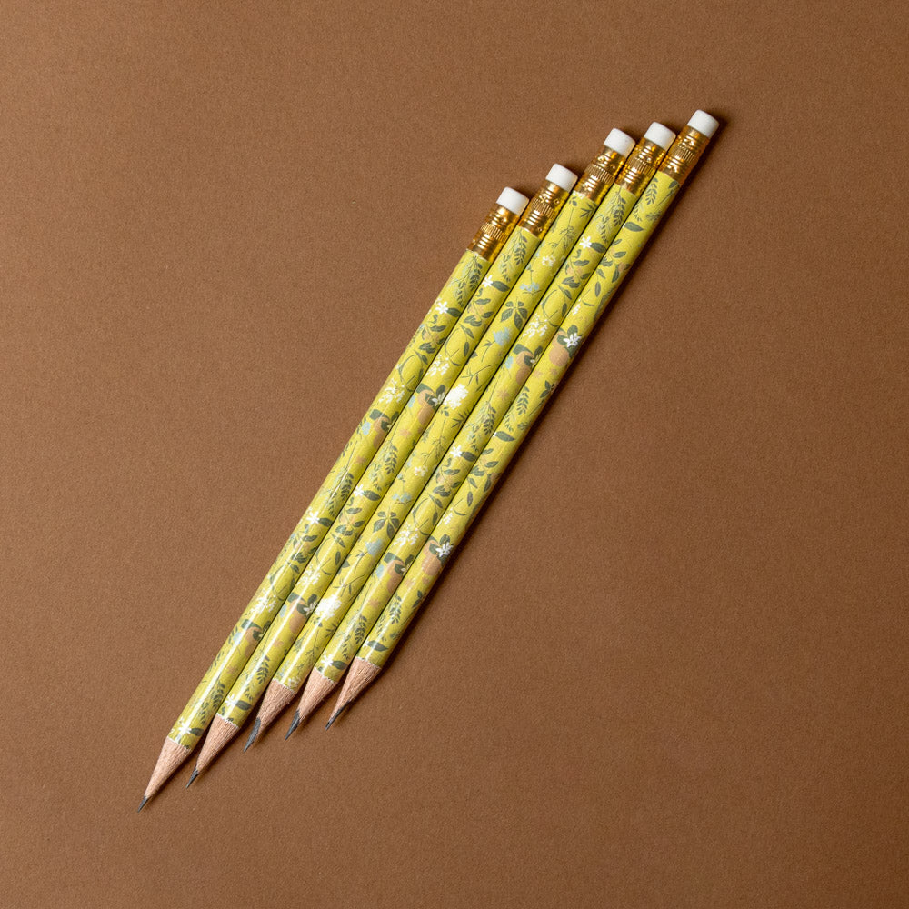 Five yellowgreen pencils with decorative designs on a brown background