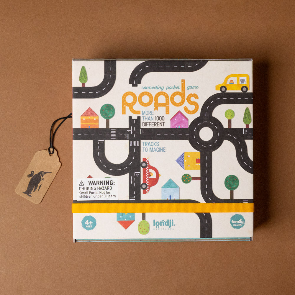 pocket-game-roads Board game box for illustrated 'Roads' on a brown background