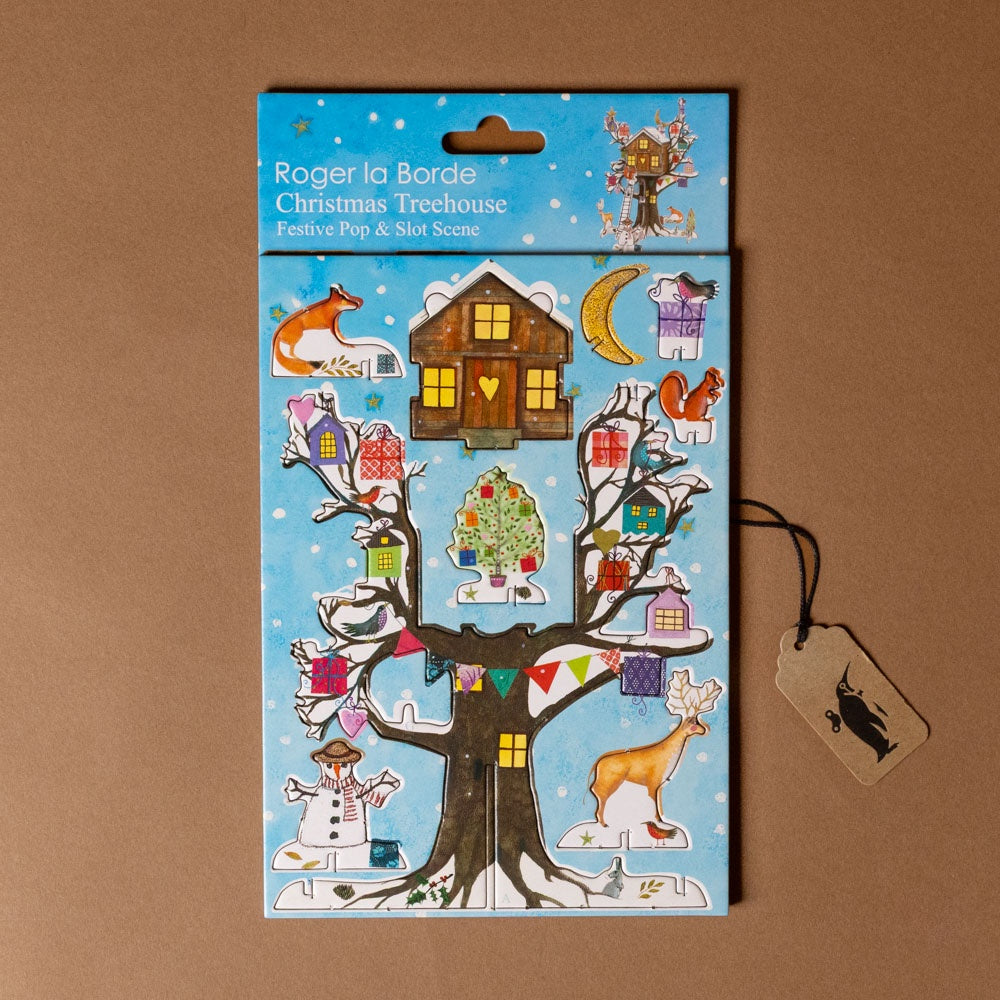pop--slot-decoration--christmas-treehouse with festive elements on a brown background