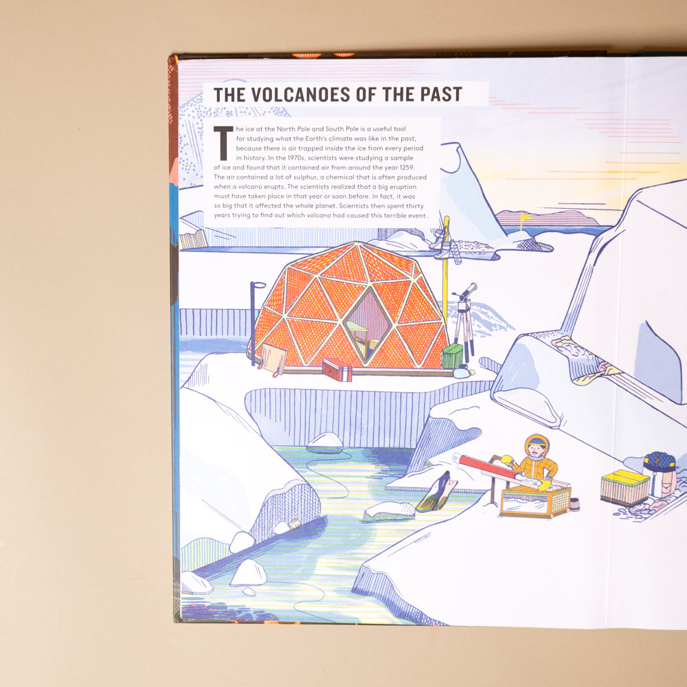 pop-up-volcano-book Illustrated book page about volcanoes with a geometric dome structure.