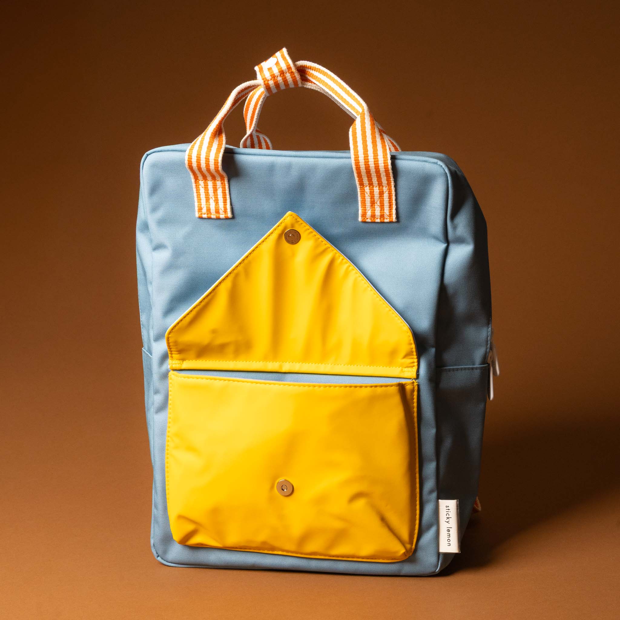 recycled-wonders-open-envelope-backpack-large-aquamarine-Blue-backpack-with-yellow -lightblue-accents-and-orange-striped-straps