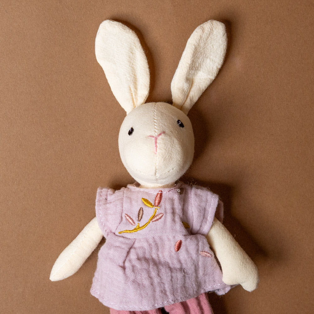 sidonie-the-rabbit-petite Stuffed bunny toy with a pink dress on a brown background