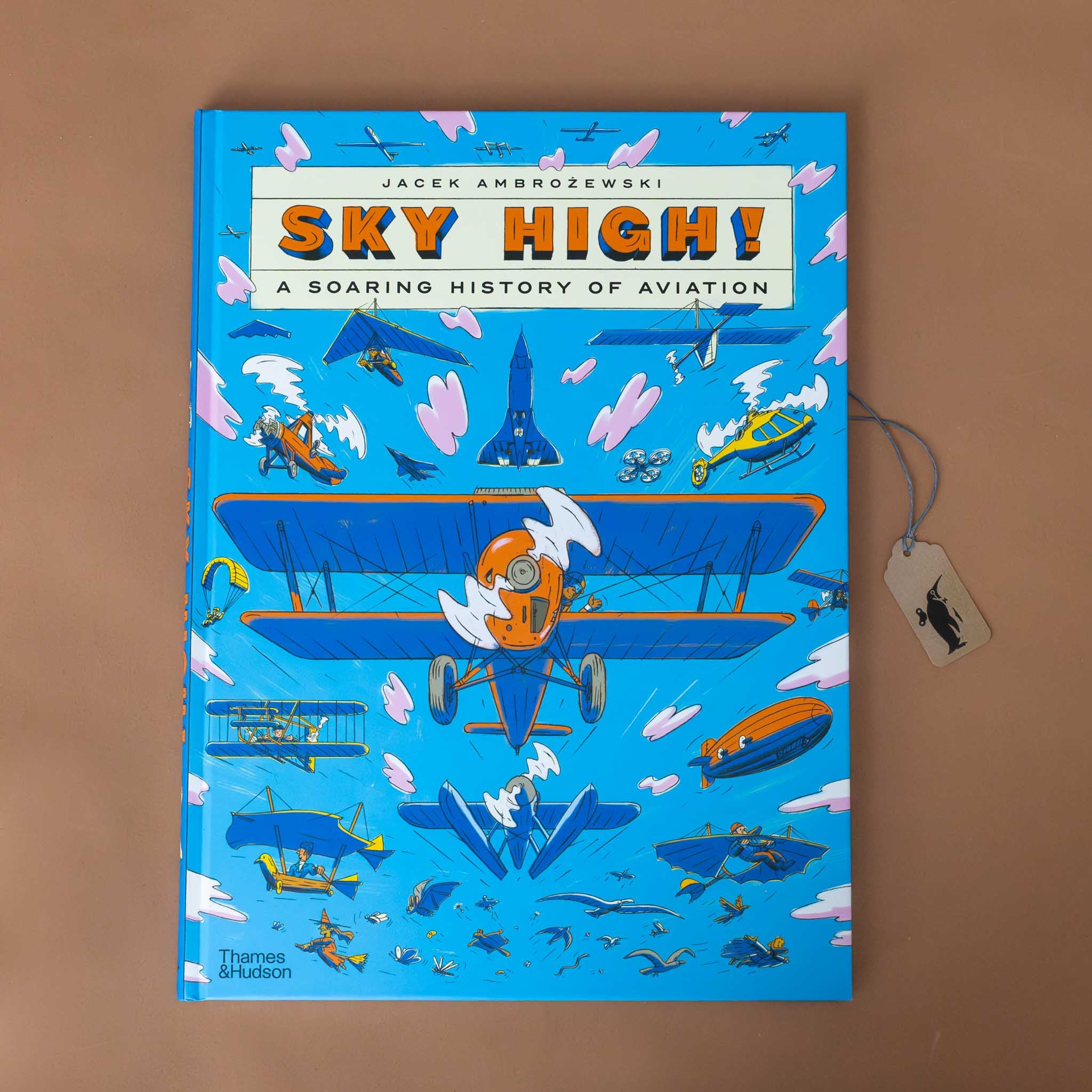 Analyzing image sky-high-a-soaring-history-of-aviation-blue-book-cover-with-many-different-planes-blimps-and-other-aviation-vehicles