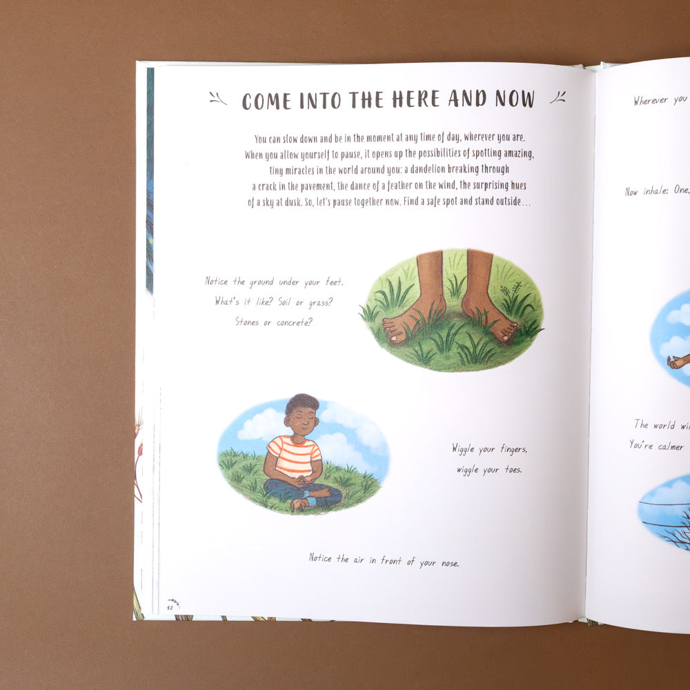 slow-down-box-set Open book with meditation instructions and illustrations on a brown background