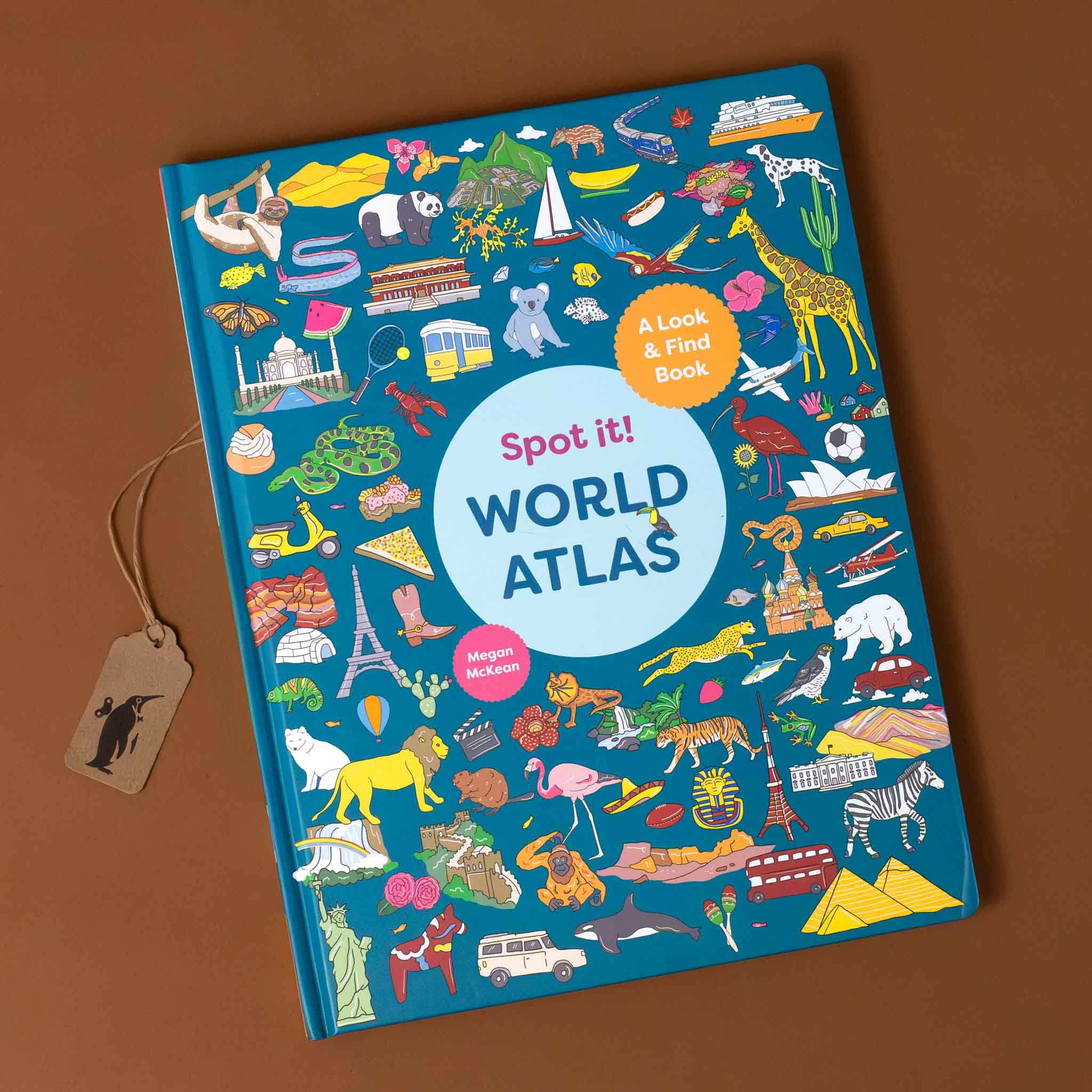 Analyzing image spot-it-a-look-and-find-world-atlas-blue-green-cover-with-many-small-images-of-animals-iconic-places-plants-and-things