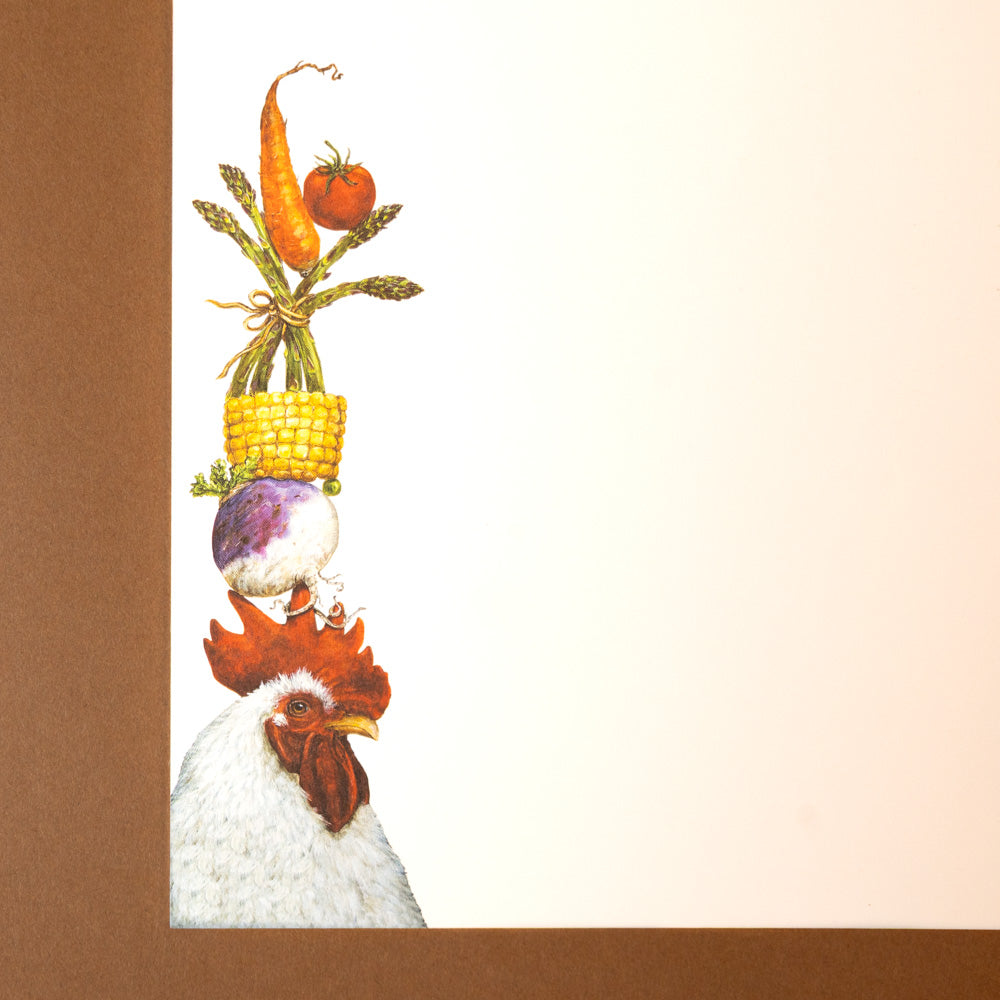steady-rooster-notepad with vegetables on its head against a brown and beige background