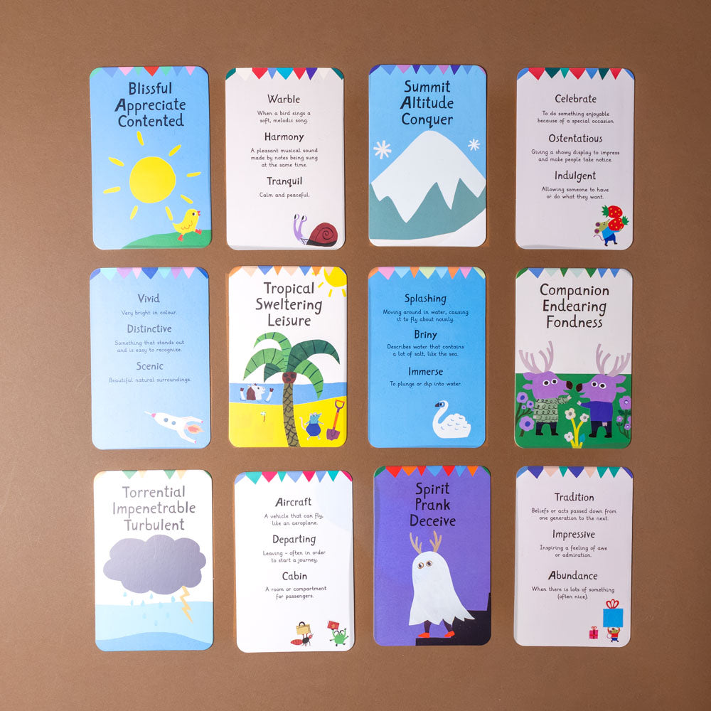 tell-an-interesting-story Set of colorful cards with illustrations and text on a brown background