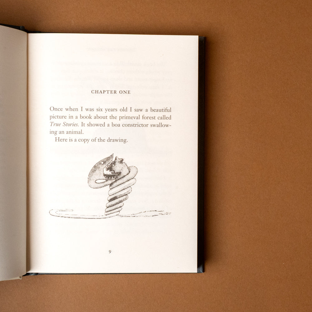 the-little-prince Open book with text and illustration on a brown background