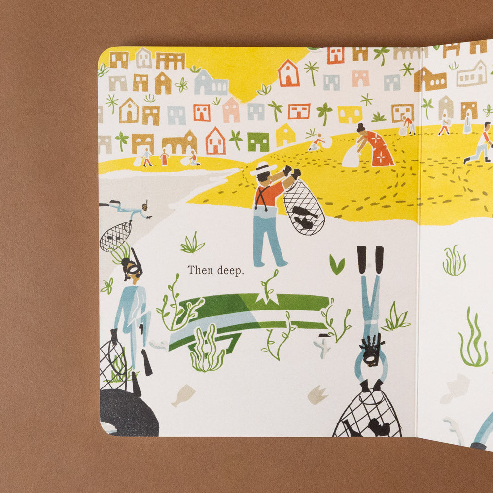 the-old-boat-board-book Illustrated book open to a page with colorful characters and landscape on a brown background