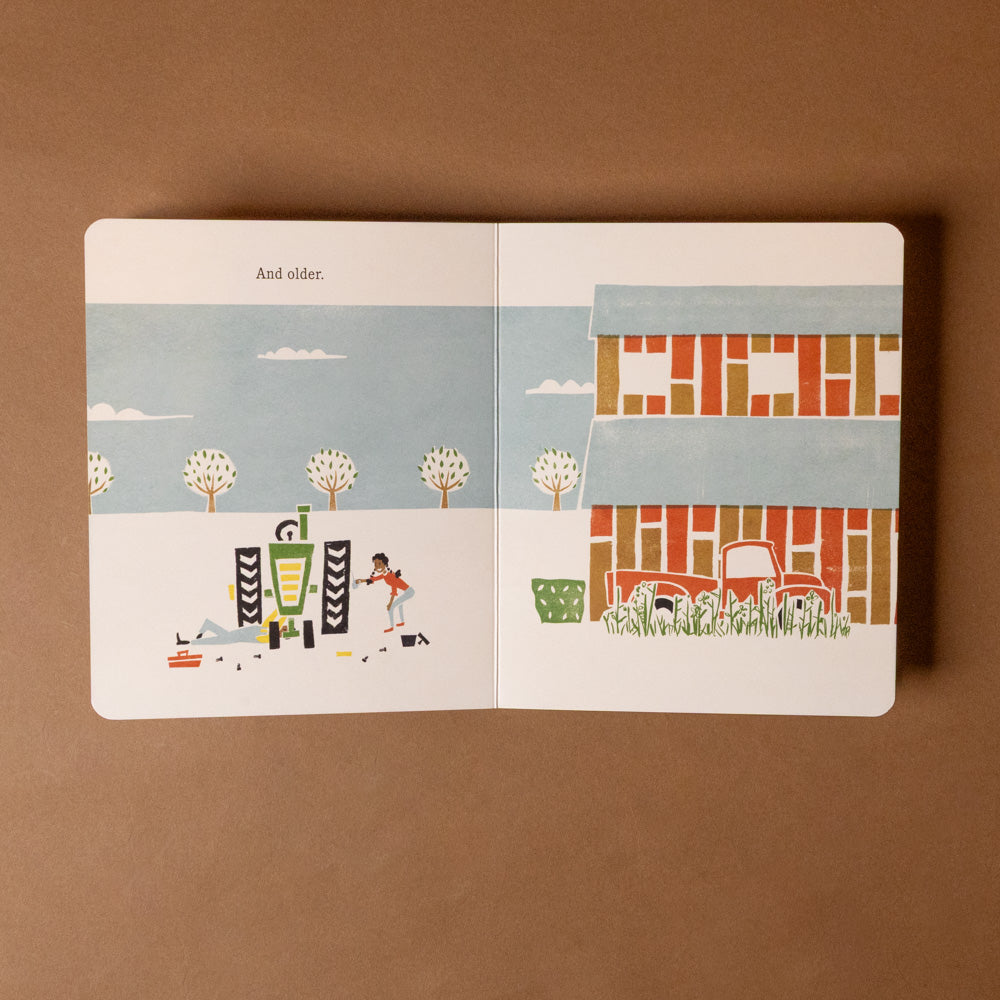 the-old-truck-board-book Illustrated book open on a brown background