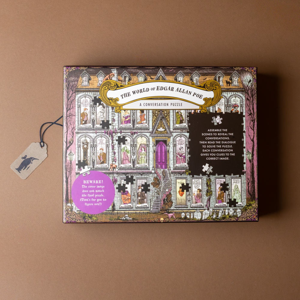 the-world-of-edgar-allen-poe-a-500-piece-conversation-Puzzle box with decorative building window design and text on a brown background