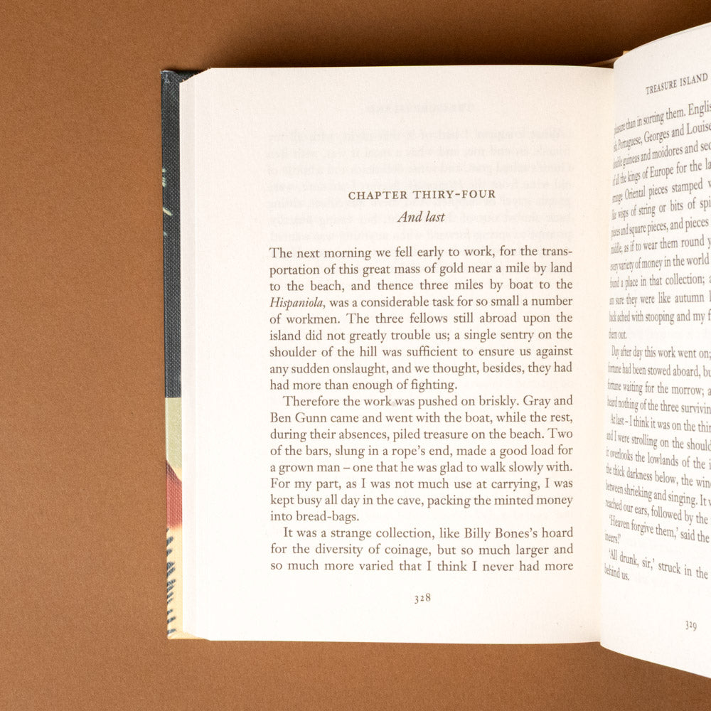 treasure-island-Open book with text on a brown background