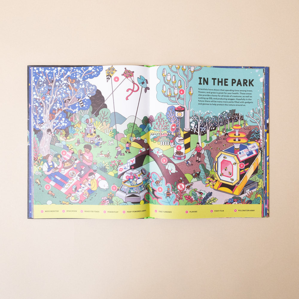 weird-and-wonderful-ways-to-save-the-planet Illustrated book open to a page titled 'In the Park' with text on a beige background