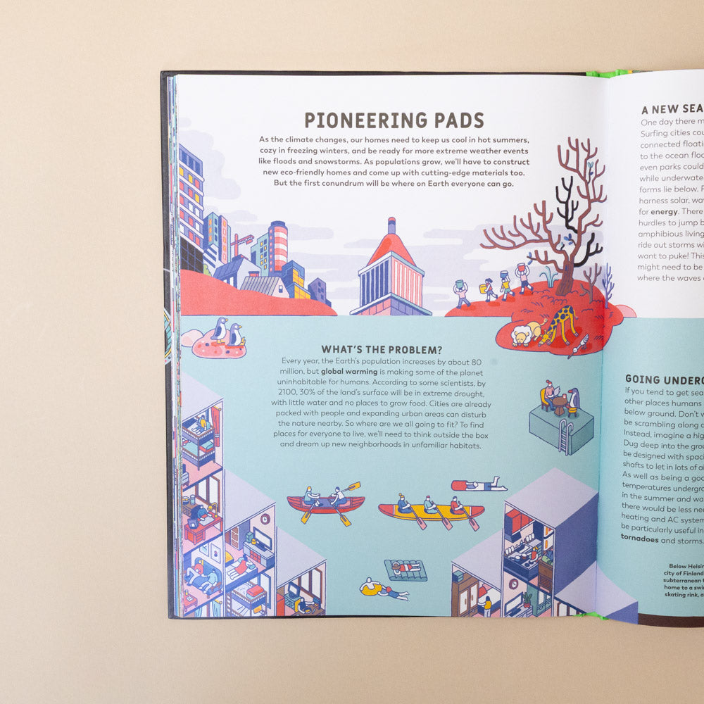weird-and-wonderful-ways-to-save-the-planet Open book with illustrations and text on pioneering pads on a beige background