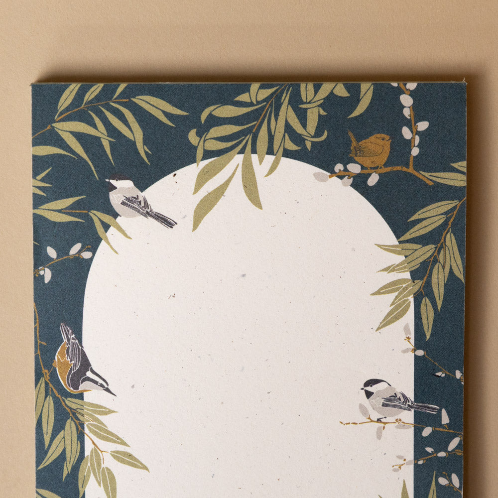 willow-thicket-notepad with birds and leaves design on a beige background