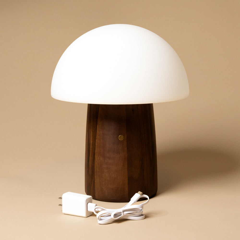 wooden-mushroom-lamp-walnutwith wooden base and white socket on a beige background