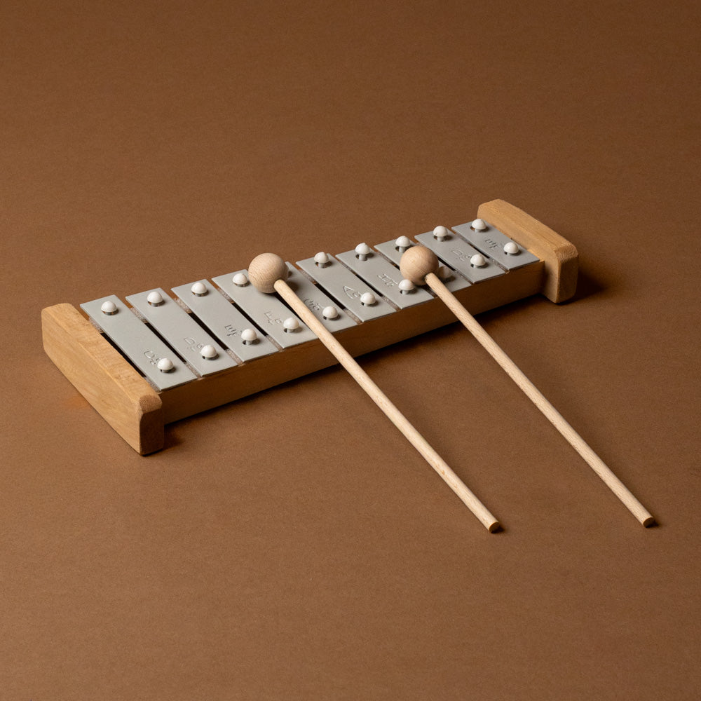 Wooden xylophone-10-note with two mallets on a brown background