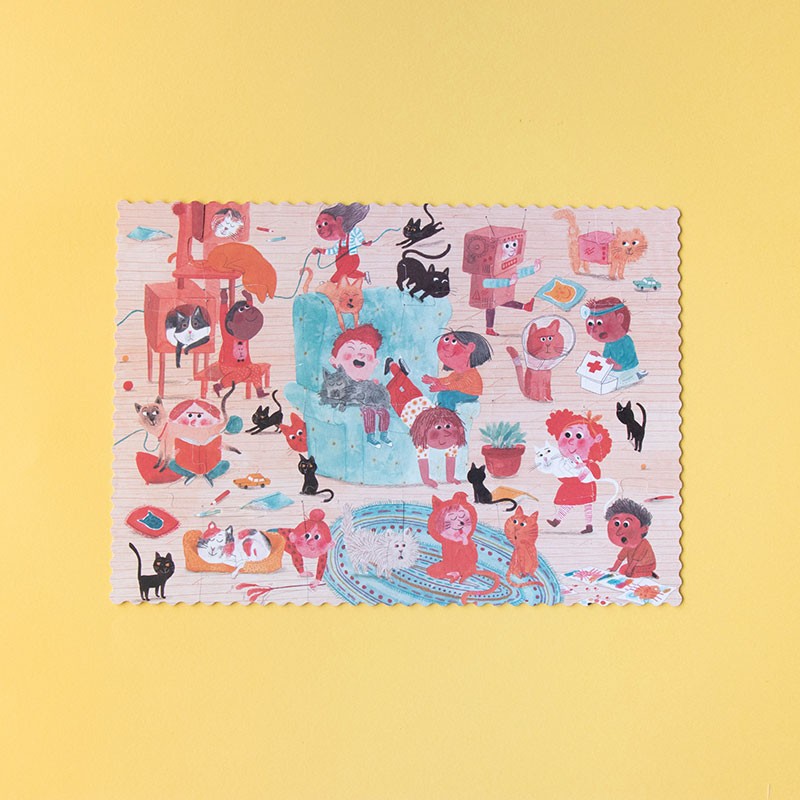 24-piece-double-sided-pocket-puzzle-cats-and-dogs with cartoon characters and animals on a yellow background