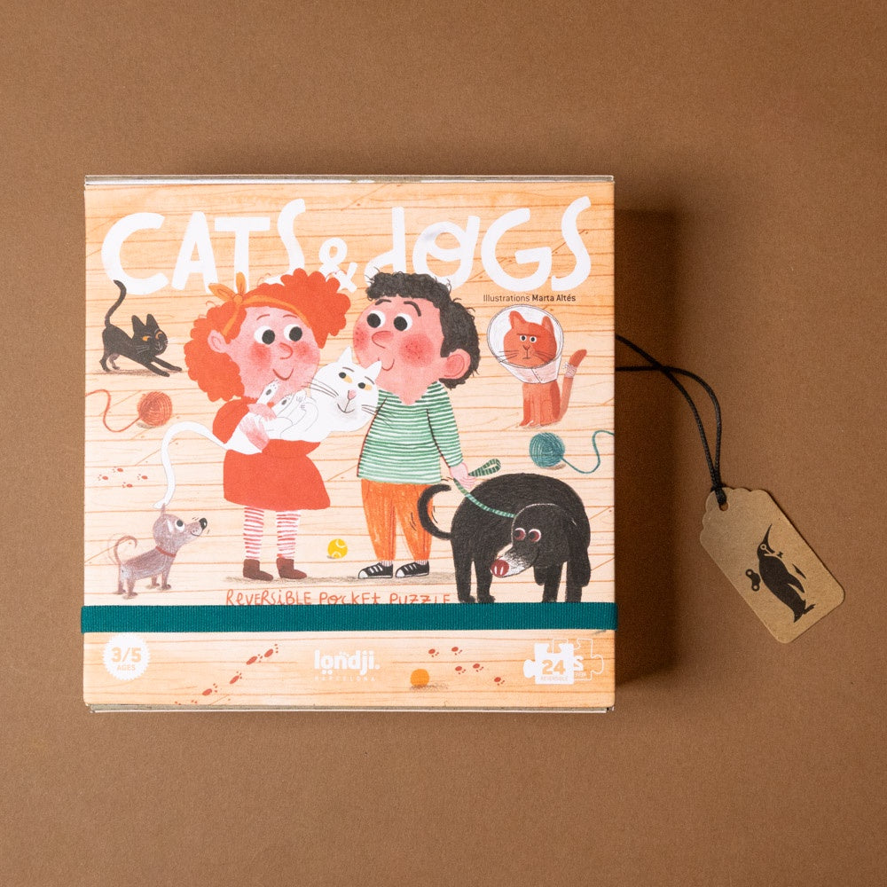 24-piece-double-sided-pocket-puzzle-cats-and-dogs with illustrations of a girl and boy with pets on a brown background.