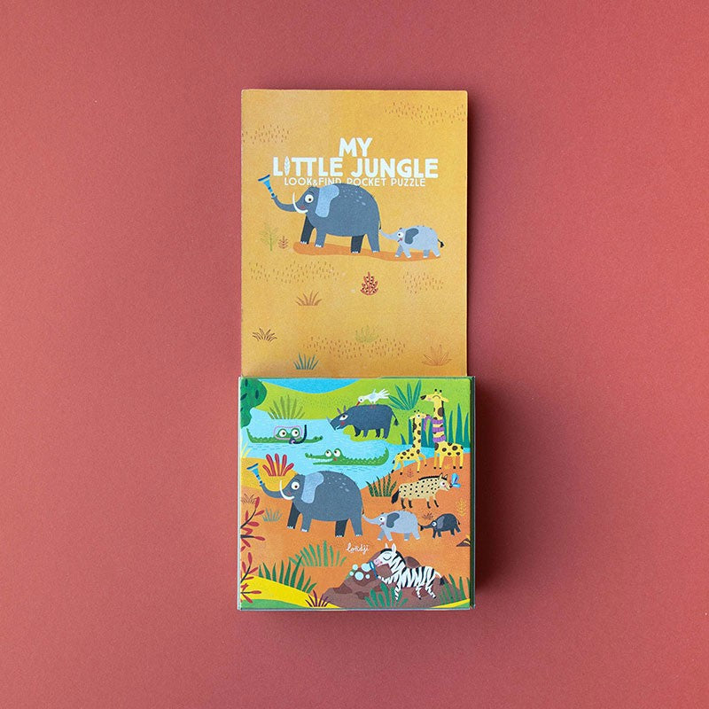 24-piece-look-and-find-pocket-puzzle-my-little-jungle packaging with illustrations of animals on a red background