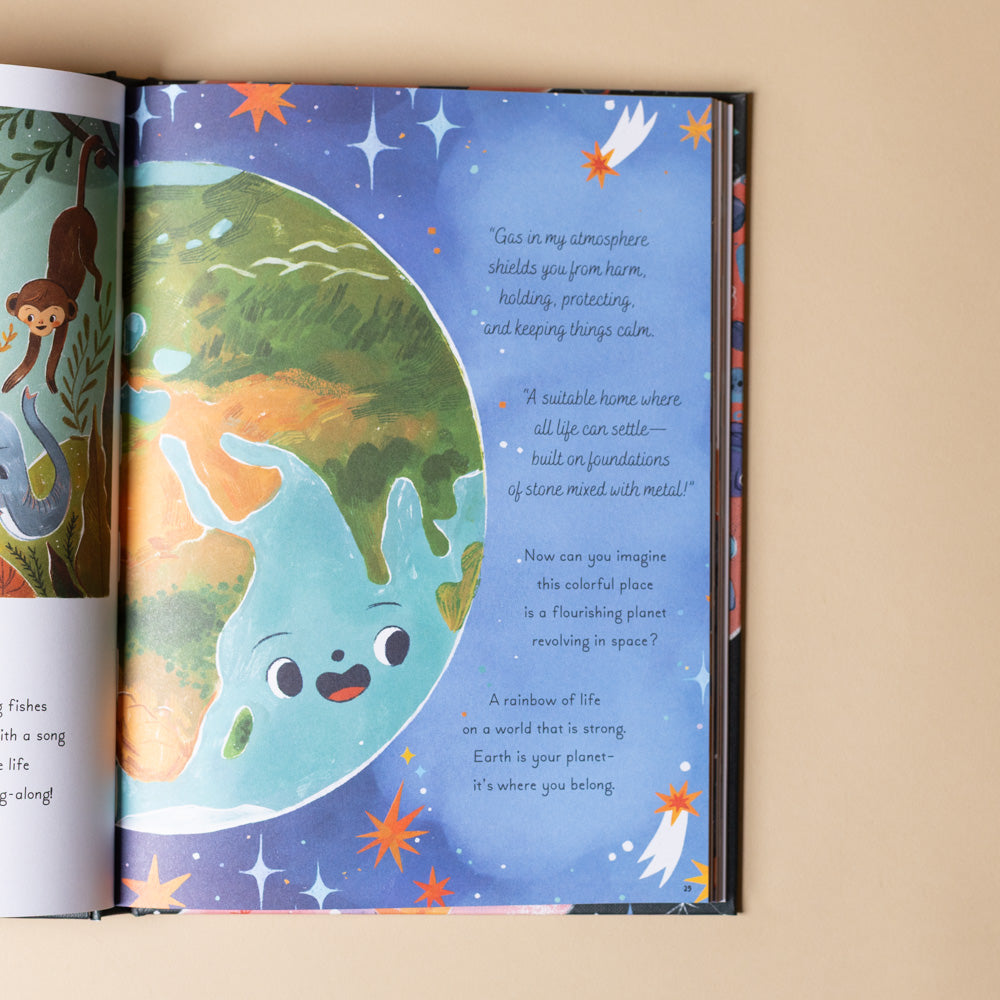 5-minute-space-stories-book Open book with colorful illustrations of a planet, fish, and monkey on a beige background