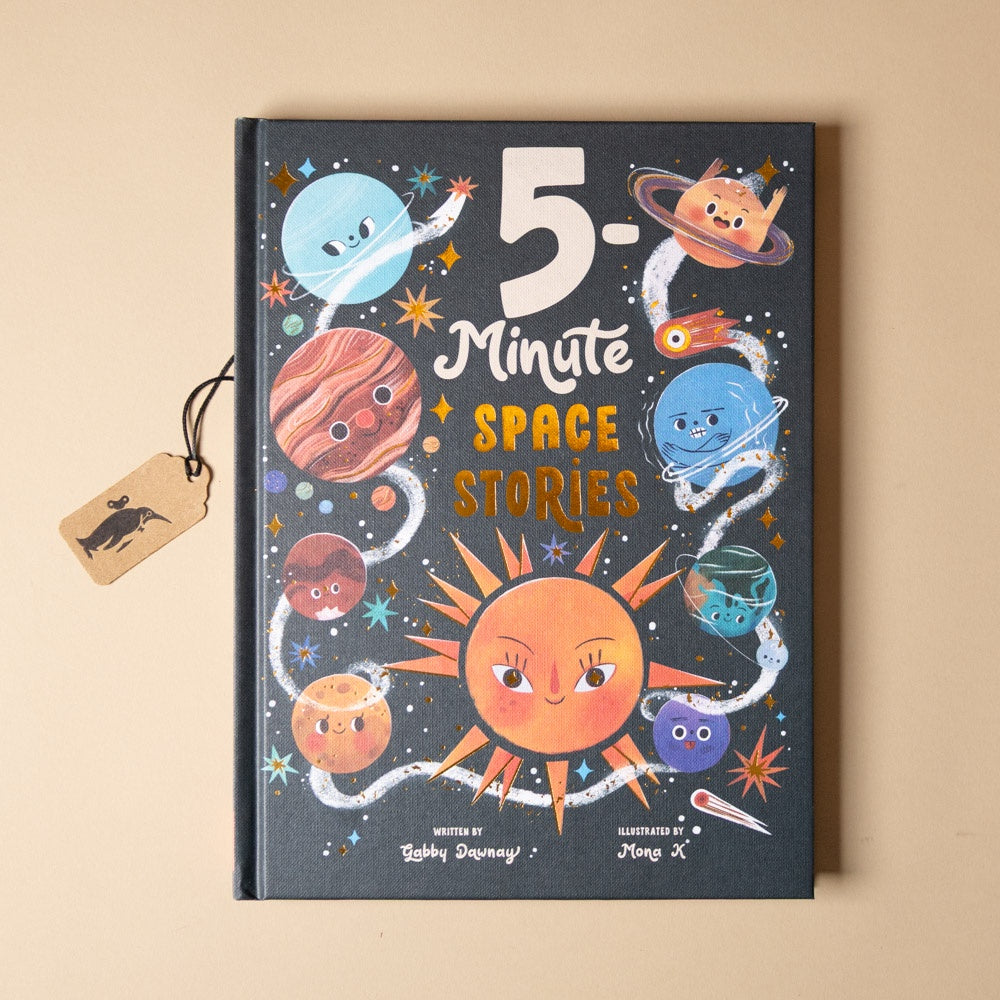Book titled '5-Minute Space Stories' with space-themed illustrations on a beige background