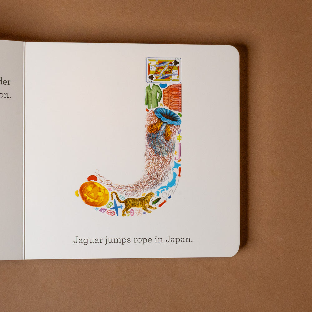 a-b-see Open book with colorful illustration of a jaguar jumping rope on a brown background