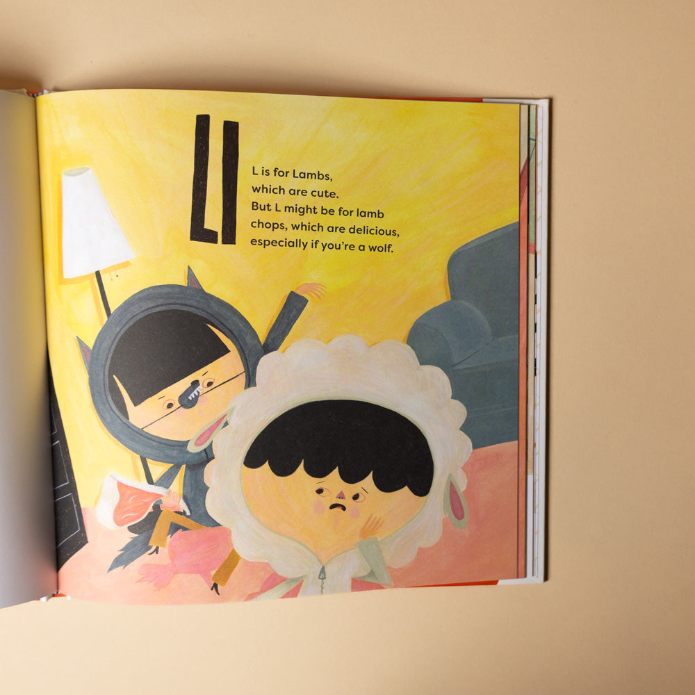 a-is-for-apple-unless Illustrated book page with two characters and text on a yellow background