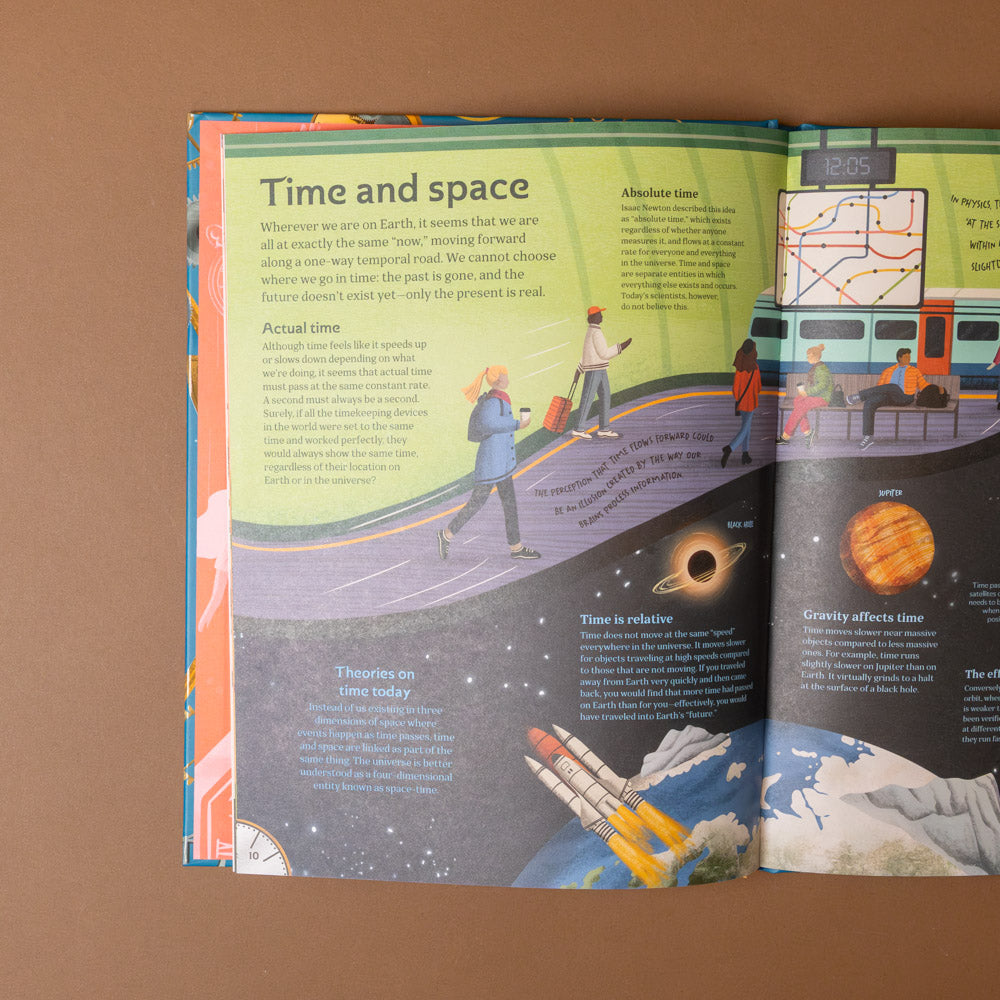 about-time Open book on a brown background with educational content and illustration about time and space.