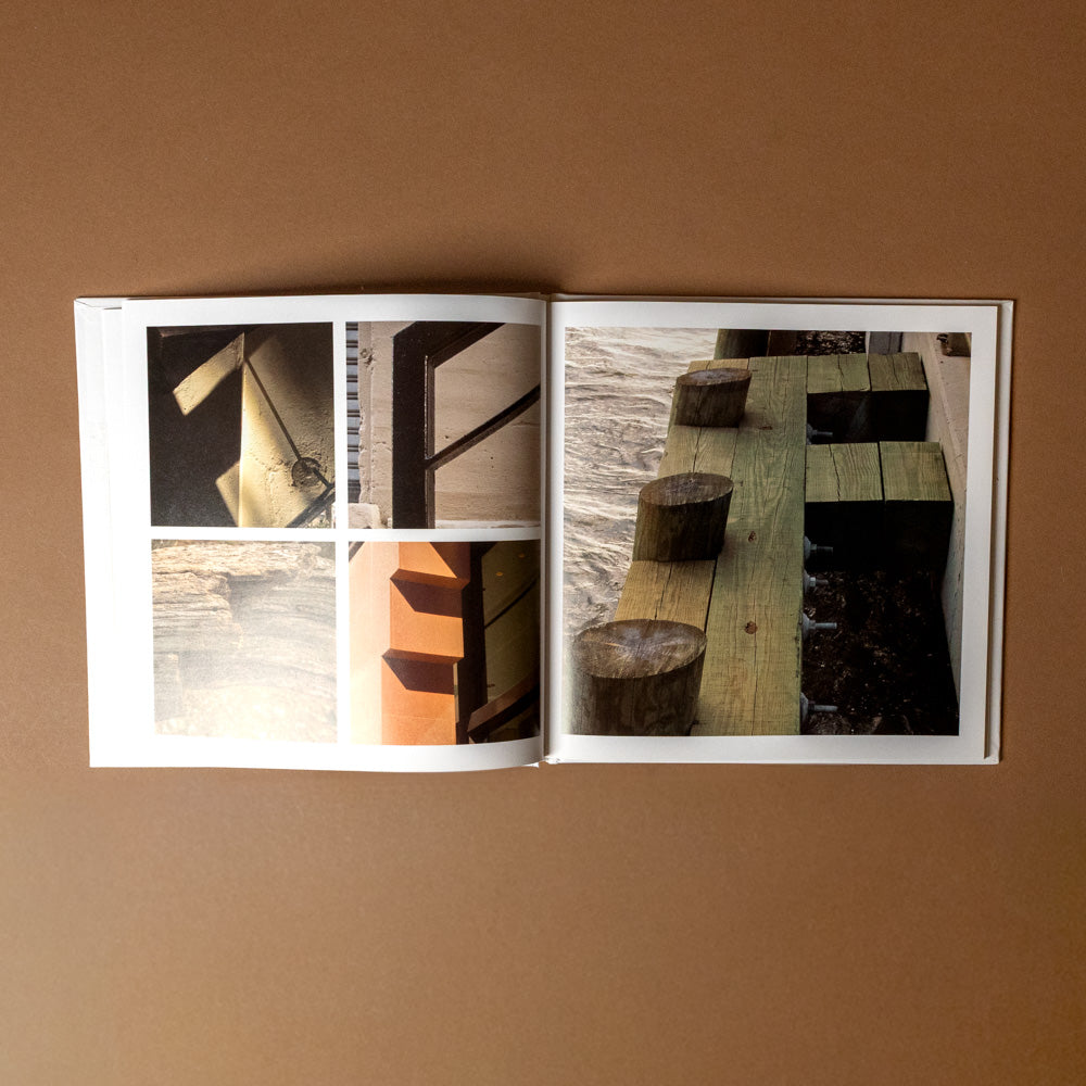 alphabet-everywhere Open book displaying F images of wooden elements on a brown background