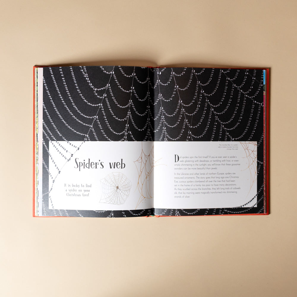 an-anthology-of-christmas-book Open book showing a spider's web illustration and text on a beige background