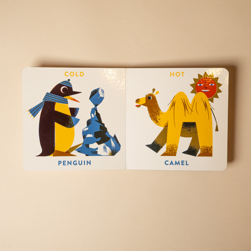 animal-opposites-board-book Illustrated book page with penguin and camel on a beige background