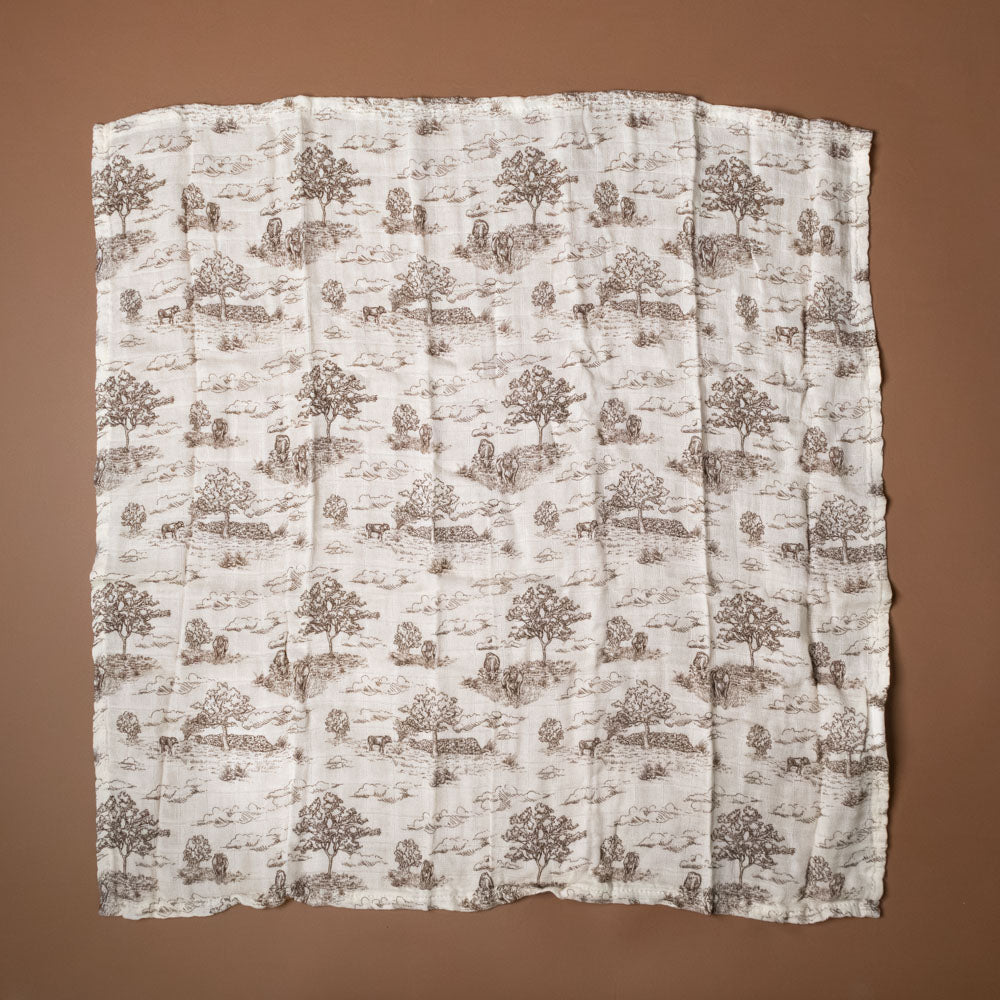 bamboo-burpie-set-meadow-toile Fabric with tree pattern on a brown background
