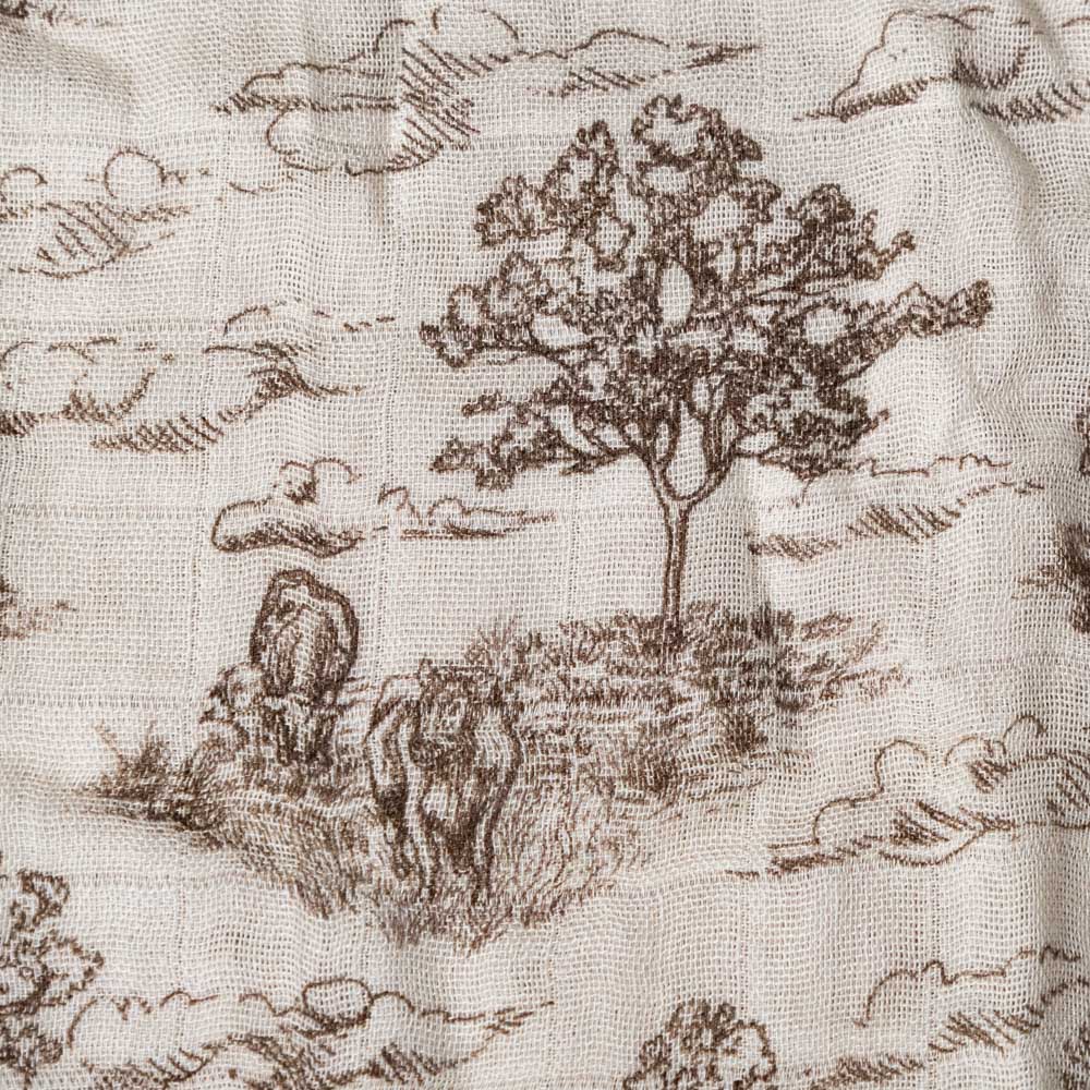 bamboo-burpie-set-meadow-toile Fabric with brown tree and landscape pattern on a beige background