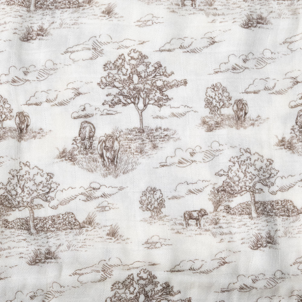 bamboo-swaddle-meadow-toile Patterned fabric with brown landscape design on a white background