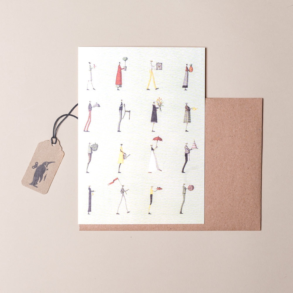 bearing-gifts-greeting-card with illustrations of people in various poses with gifts on a beige background