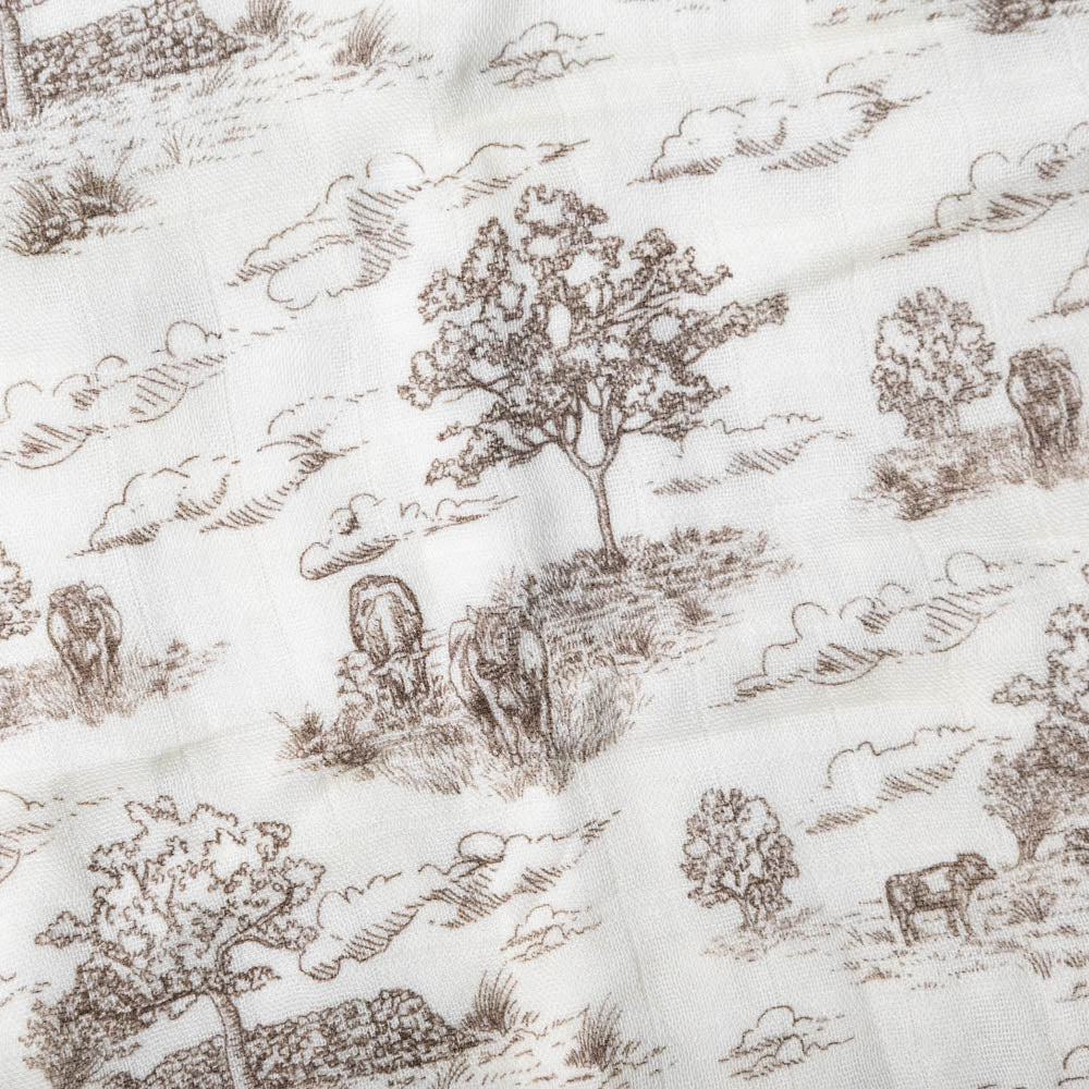 big-lovie-meadow-toile Pattern of trees, animals, and landscapes on a textured fabric background