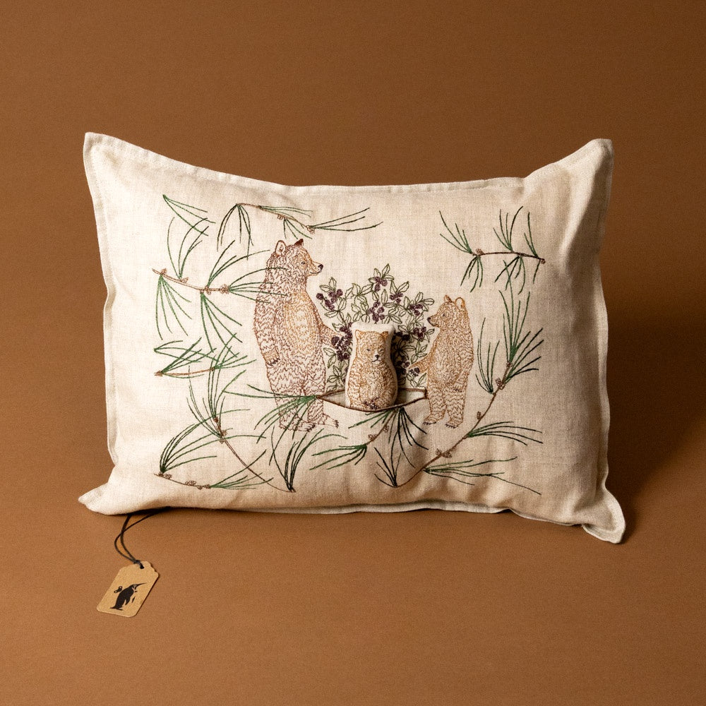 briar-bears-pocket-pillow with bear and pine branches design on a brown background